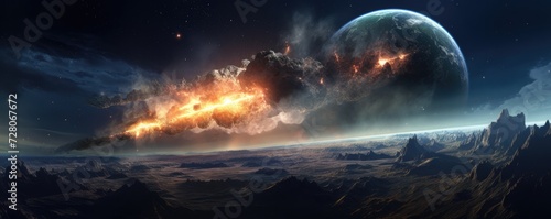 Meteor glowing as it enters the Earth s atmosphere  ultra realistic panorama. Generative Ai.