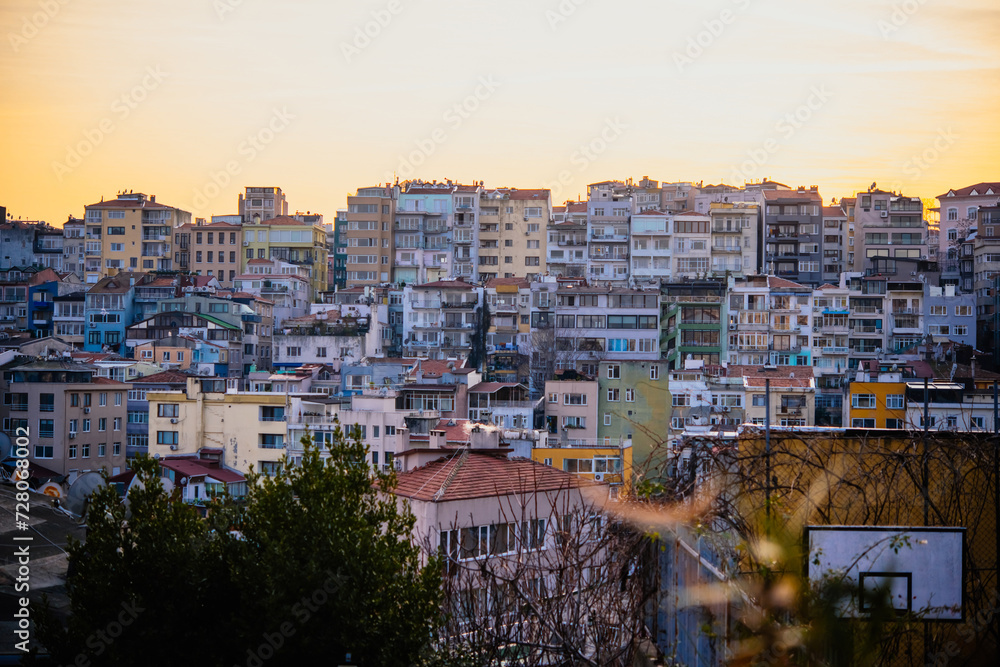 Sunset view of the residential buildings in Beyoglu, Istanbul, Turkey.
