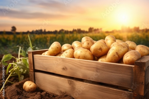 Fresh potatoes messy from ground in box for sale to shop and market. Generative Ai. © annamaria