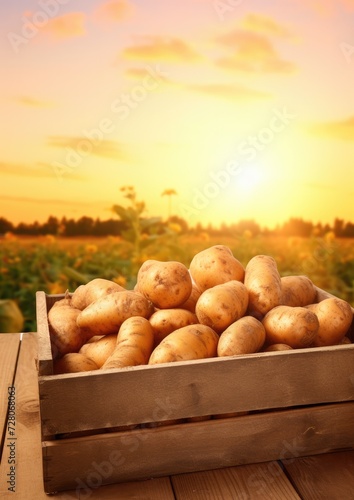 Fresh potatoes messy from ground in box for sale to shop and market. Generative Ai. © annamaria