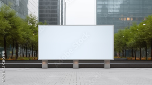 Large white billboard is positioned in front of tall buildings, showcasing a mockup.