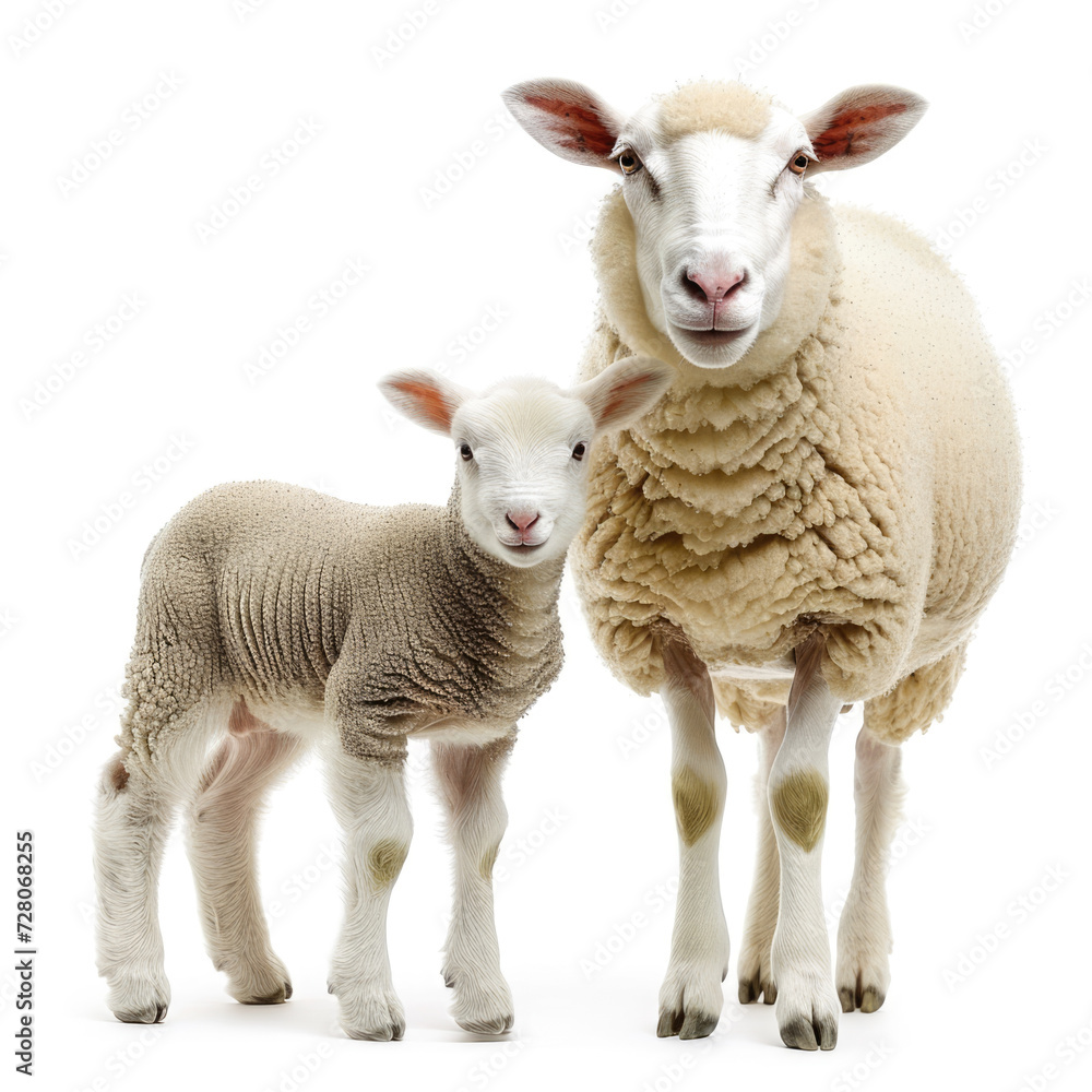 Obraz premium Sheep and lamb on white background.