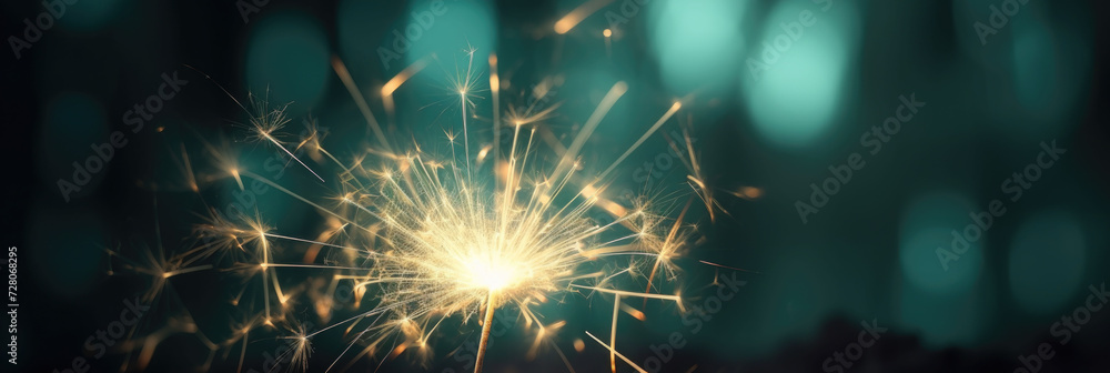 Fototapeta premium sparking sparkler in the green area. sparkler fire with blurred bokeh background. new year or St. Patrick's Day. banner