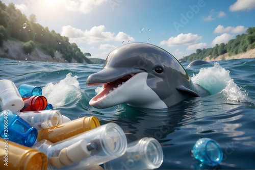 Ocean and sea pollution concept. Dolphin swims in plastic bags and bottles close-up. Ecological catastrophe. Microplastics in water.environmental disaster