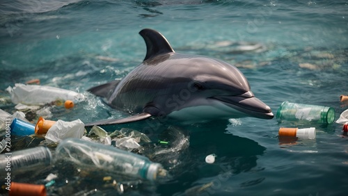 Dolphin swims in plastic bags and bottles close-up. Ecological catastrophe. Microplastics in water.environmental disaster.Ocean and sea pollution concept.