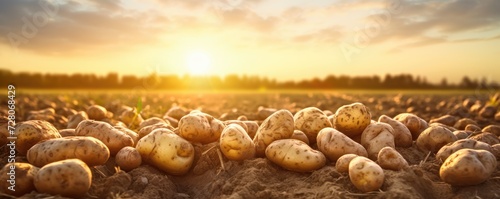 Fresh potatoes messy from ground on farm field with sunset, banner panorama. Generative Ai. photo