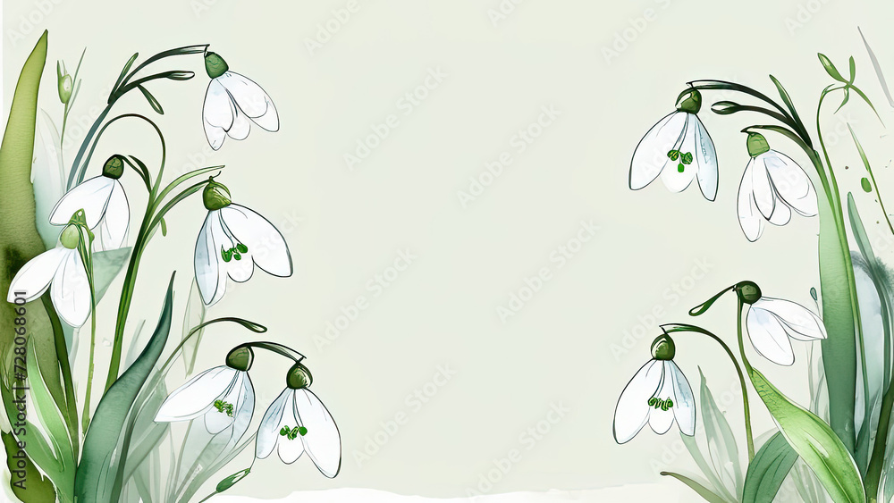 copy space frame snowdrops isolated on light green background, botanical herbal watercolor illustration for wedding or greeting card, wallpaper, wrapping paper design, textile, scrapbooking