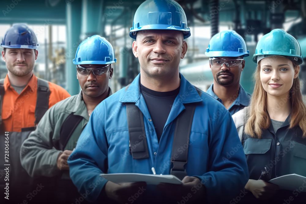 A scene from behind as an inspector team engages in a discussion, equipped with a laptop, amidst the machinery in a factory. Emphasizing the concept of auditor safety, quality control, and inspection A scene from behind as an inspector team engages in a discussion, equipped with a laptop, amidst the machinery in a factory. Emphasizing the concept of auditor safety, quality control, and inspection