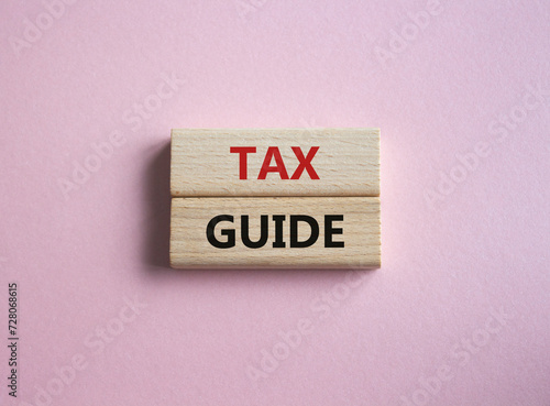 Tax Guide symbol. Concept word Tax Guide on wooden blocks. Beautiful pink background. Business and Tax Guide concept. Copy space