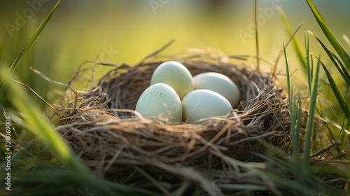 Close up of yellow Eggs in a Nest amongst Spring Grass. Selective Focus