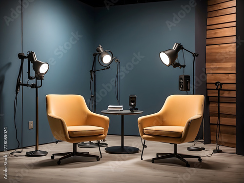 two chairs and microphones in a podcast or interview room on a dark background design as a wide banner for media conversations or podcast streamers' concept design.