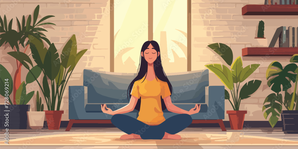 vector flat illustration of a young woman with black hair meditating in lotus position in a cozy living room, front view, cozy ambient, cartoon flat style vector flat illustration of a young woman with black hair meditating in lotus position in a cozy living room, front view, cozy ambient, cartoon flat style
