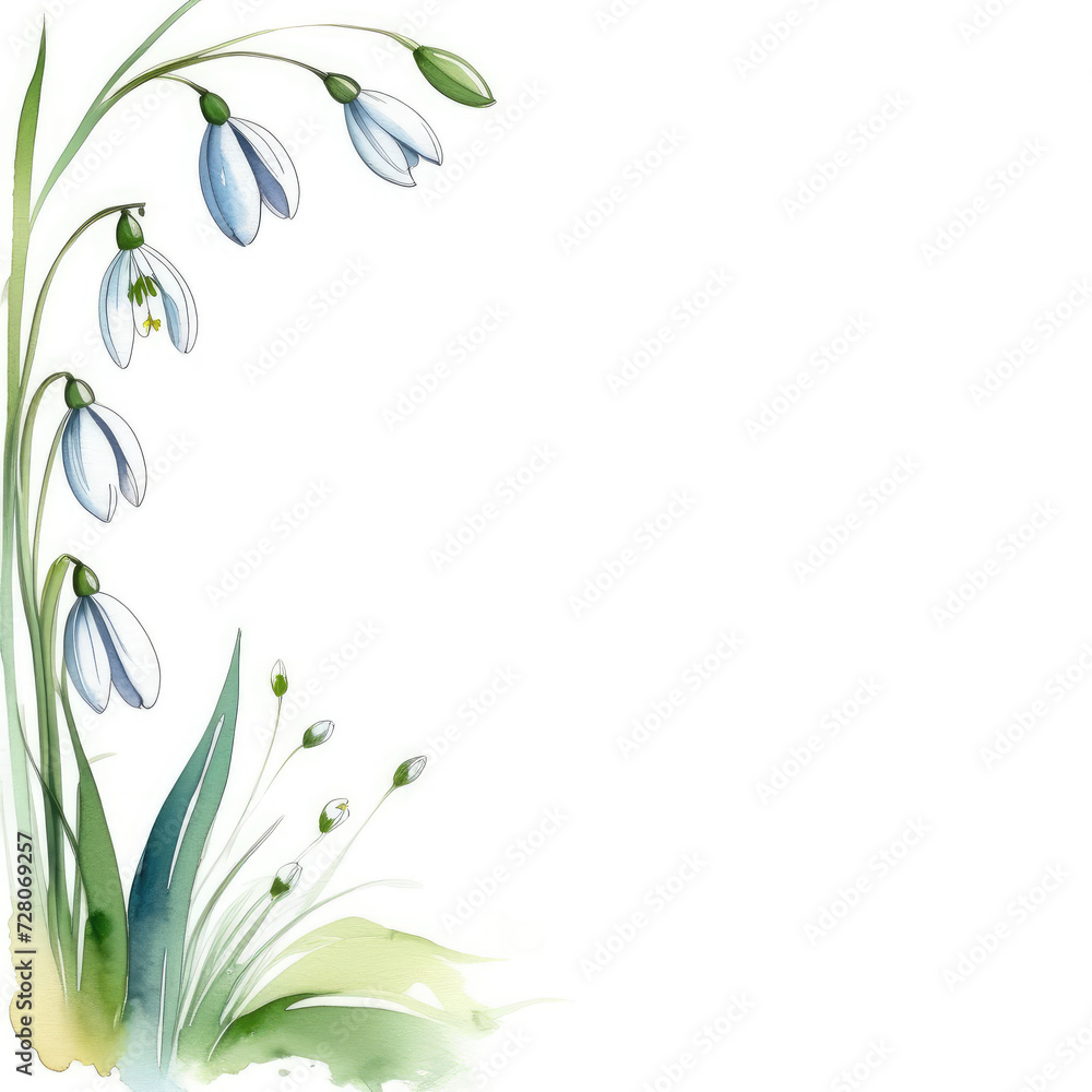 copy space frame snowdrops isolated on white background, botanical herbal watercolor illustration for wedding or greeting card, wallpaper, wrapping paper design, textile, scrapbooking copy space frame snowdrops isolated on white background, botanical herbal watercolor illustration for wedding or greeting card, wallpaper, wrapping paper design, textile, scrapbooking