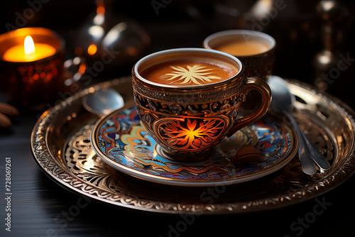 Türkischer Kaffee, Heiße Tasse Kaffee in Mokkatasse angerichtet mit Kaffebohnen und Porzellan im Hintergrund photo