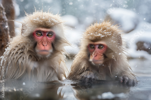 Affen sitzen bei Schnee und Eis in einer heißen Quelle, Japanische Schneeaffen im heißen See © GreenOptix