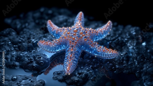 An underwater view of a starfish illuminated by a blue light, creating a mystical ambiance with its vibrant colors and detailed texture.