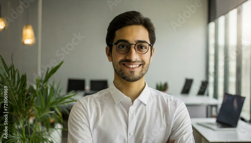 man happy close up standing in office blurred background 