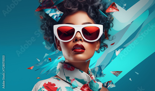 Modische und coole junge Frau mit Sonnenbrille und Einkaufstasche, Lifestyle und Mode Konzept photo