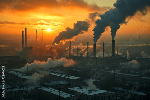 Smoke billowing from industrial smokestacks against the backdrop of a dawn sky