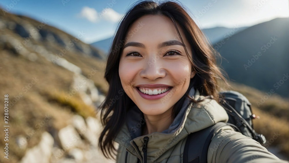 Close-up selfie of a middle-aged Asian woman smiling outdoors, wearing a backpack, with blurred mountain landscape in the background. Close-up selfie of a middle-aged Asian woman smiling outdoors, wearing a backpack, with blurred mountain landscape in the background.