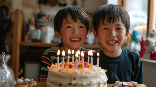 Joyful Birthday Celebration  Asian Boys Embracing Diverse Traditions