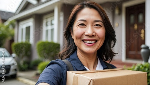 Middle-aged Asian woman wearing a blue uniform and holding a cardboard box, smiling in front of a house, representing a delivery service. © Tom