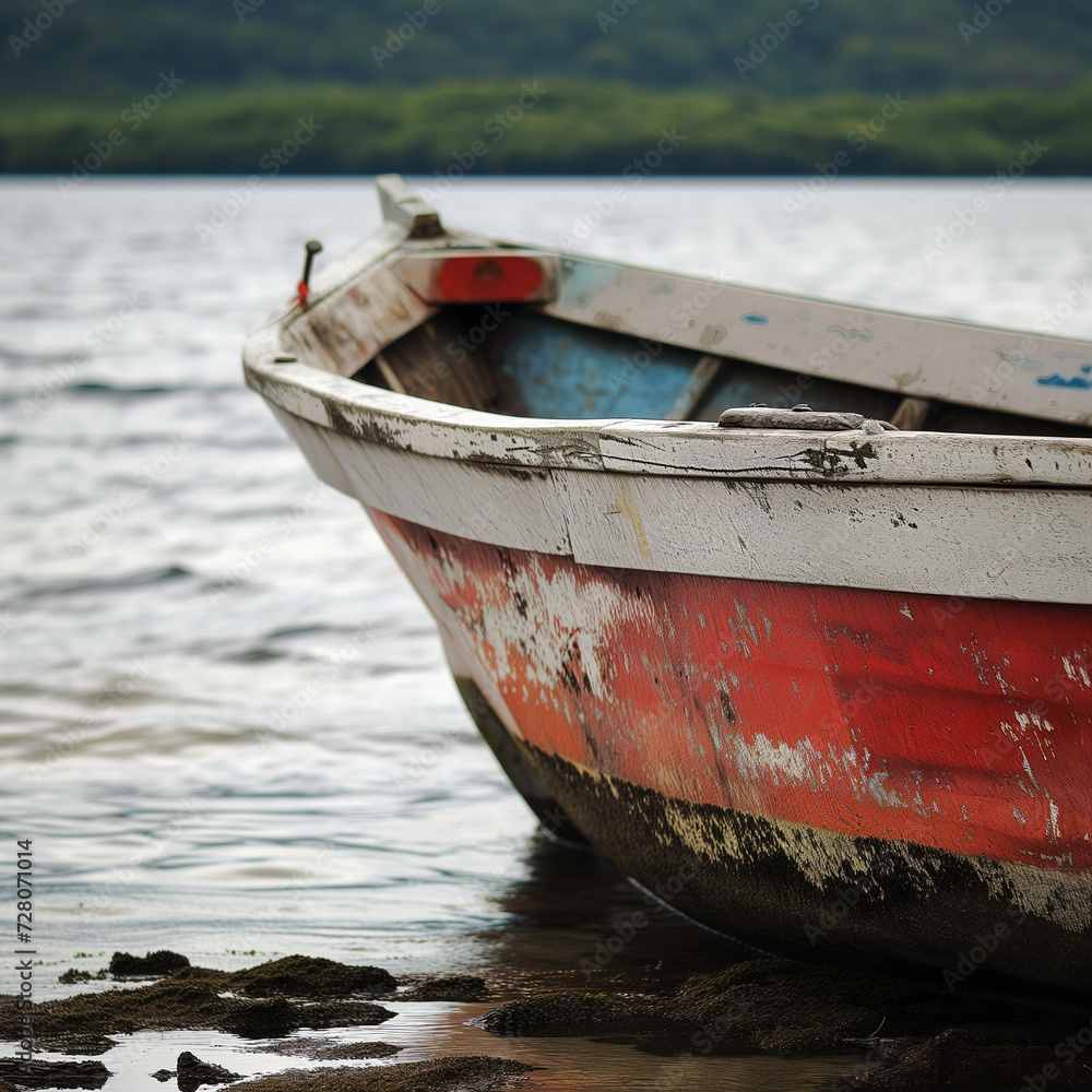 Serene Lake Scene with Weathered Boat Serene Lake Scene with Weathered Boat