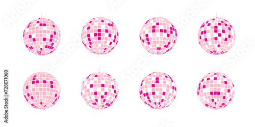 Set of pink discoball icons. Shining nightclub mirror sphere. Dance music party disco ball. Glitterball in 70s 80s 90s retro discotheque style. Nightlife, holiday, fun symbol