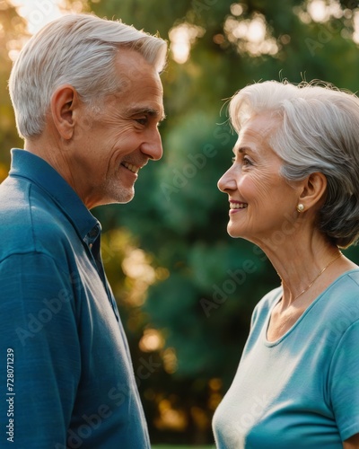 An affectionate elderly couple shares a loving gaze, surrounded by the warm glow of the setting sun in the serene park.
