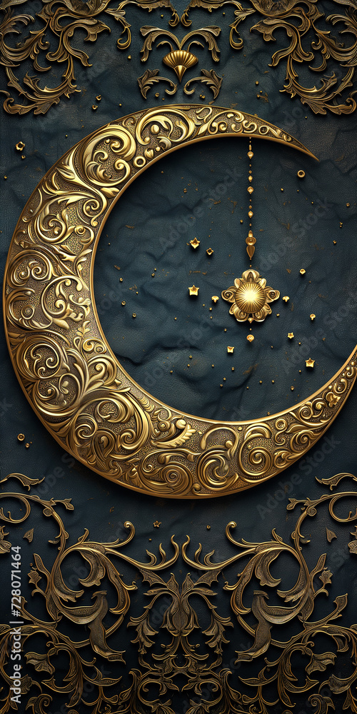 Majestic golden crescent moon on a textured dark background with baroque details. Phone wallpaper. Majestic golden crescent moon on a textured dark background with baroque details. Phone wallpaper.