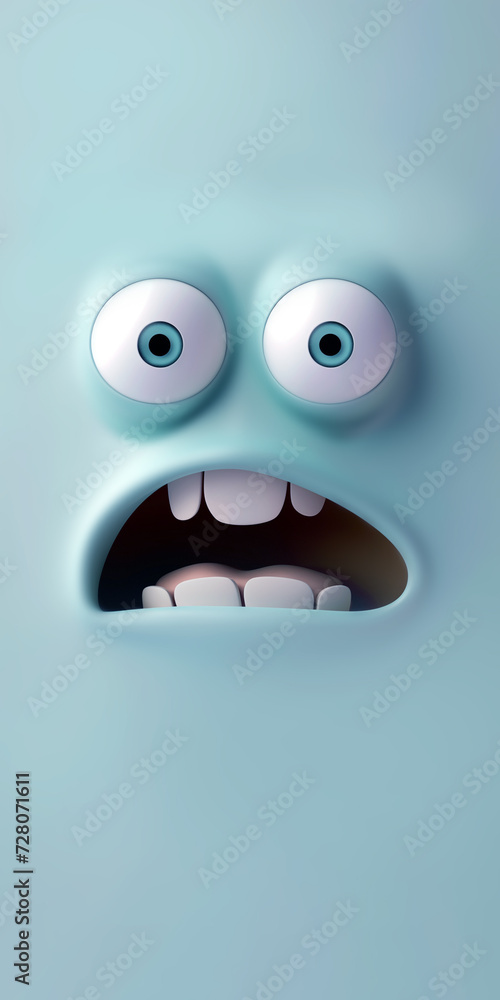 Cartoonish 3D face with oversized eyes and a gaping mouth on a pastel blue background, ideal for a playful wallpaper. Cartoonish 3D face with oversized eyes and a gaping mouth on a pastel blue background, ideal for a playful wallpaper.