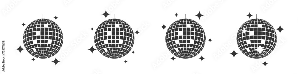 Discoballs with glitters. Set of vintage shining nightclub spheres. Dance music party glitterballs. Vintage mirror balls in 70s 80s 90s discotheque style. Nigh life symbols - obrazy, fototapety, plakaty 