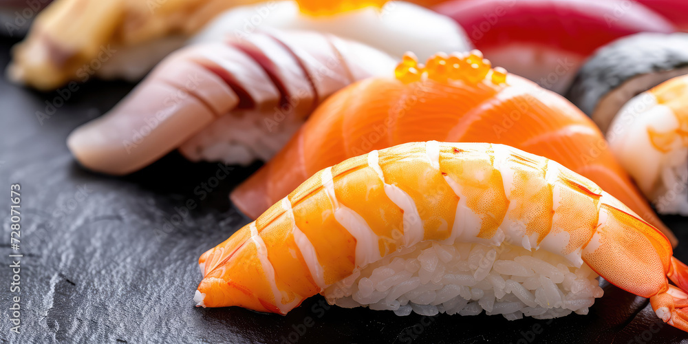 Assorted Sushi Platter Elegance. Exquisite selection of various sushi rolls on a slate tray, showcasing Japanese cuisine. Assorted Sushi Platter Elegance. Exquisite selection of various sushi rolls on a slate tray, showcasing Japanese cuisine.