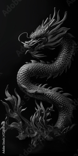 Dynamic silver dragon with a fierce expression on a black artistic background. Phone wallpaper. 