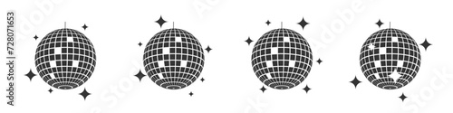 Discoballs with glitters. Set of vintage shining nightclub spheres. Dance music party glitterballs. Vintage mirror balls in 70s 80s 90s discotheque style. Nigh life symbols