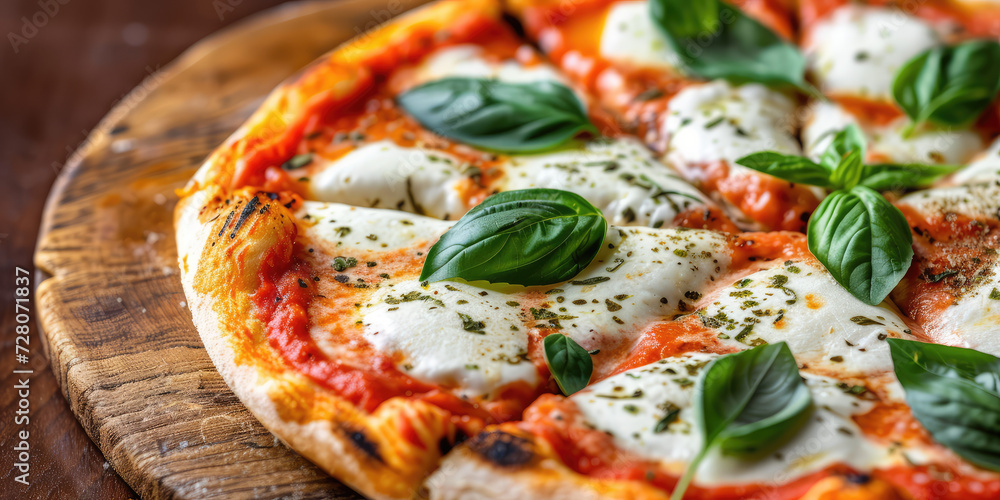 Classic Margherita Pizza with Fresh Basil. Freshly baked Margherita pizza with tomato sauce, mozzarella cheese, and basil leaves, close-up. Classic Margherita Pizza with Fresh Basil. Freshly baked Margherita pizza with tomato sauce, mozzarella cheese, and basil leaves, close-up.