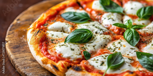 Classic Margherita Pizza with Fresh Basil. Freshly baked Margherita pizza with tomato sauce, mozzarella cheese, and basil leaves, close-up.