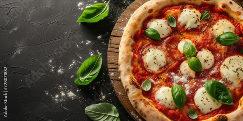 Classic Margherita Pizza with Fresh Basil. Freshly baked Margherita pizza with tomato sauce, mozzarella cheese, and basil leaves, close-up, top view, copy space.
