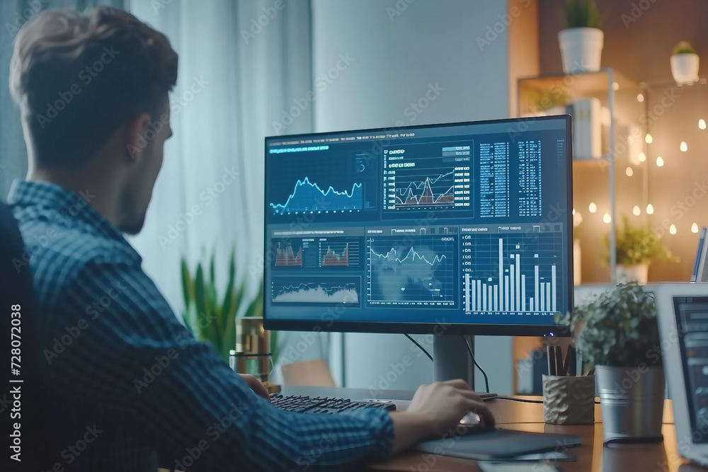Financier Works on a Personal Computer Showing Statistics Graphs and Charts In the Background His Coworker and Creative Office Financier Works on a Personal Computer Showing Statistics Graphs and Charts In the Background His Coworker and Creative Office