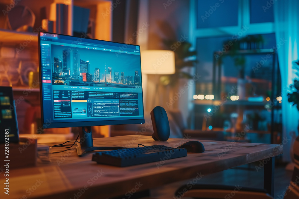Shot of a Desktop Computer with Latest News Web Page Showing On Screen Standing on the Wooden Desk in the Creative Cozy Living Room In the Background Warm Evening Lighting and Open Space Studio Shot of a Desktop Computer with Latest News Web Page Showing On Screen Standing on the Wooden Desk in the Creative Cozy Living Room In the Background Warm Evening Lighting and Open Space Studio