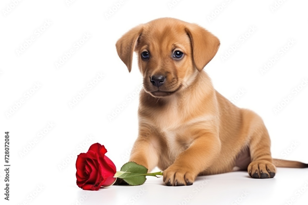 Puppy with a rose on a white background with copy space, Valentine's day, Mother's day, Women's Day and love concept