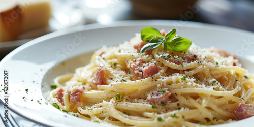 Classic Spaghetti Carbonara in Natural Light. Savory Spaghetti Carbonara garnished with fresh basil, grated cheese, and black pepper, served on a plate.