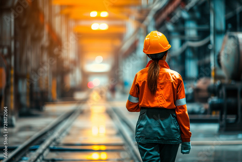 Professional Heavy Industry Engineer/Worker Wearing Safety Uniform and Hard Hat Uses Tablet Computer Serious Successful Female Industrial Specialist Walking in a Metal Manufacture Warehouse