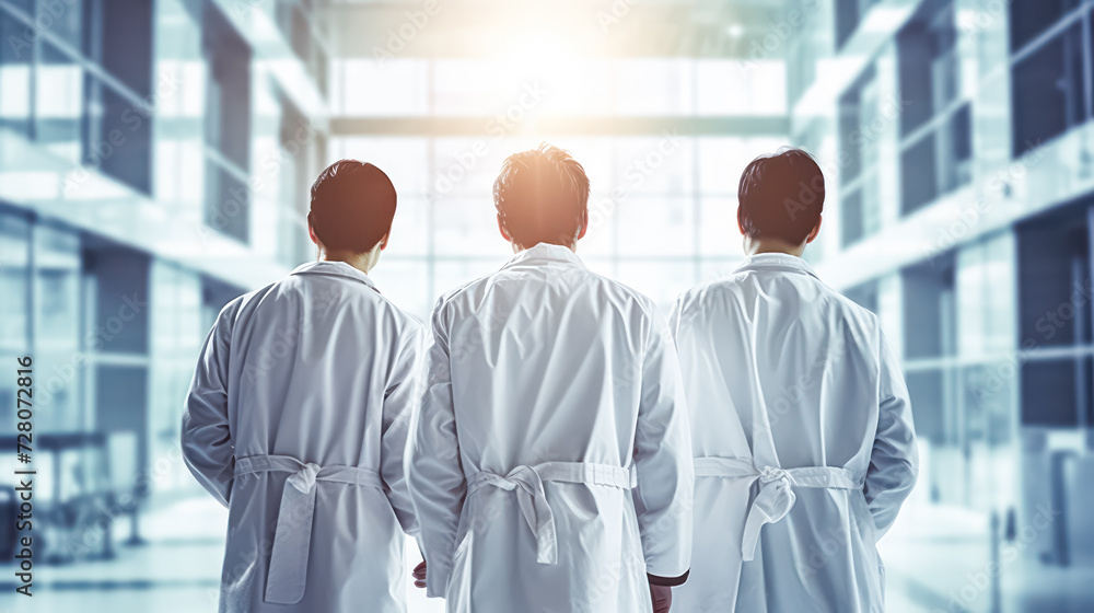 Fototapeta premium Experience the essence of healthcare professionalism with a group of medics or doctors walking along a hospital corridor. A concept portraying teamwork and dedication in the medical field.
