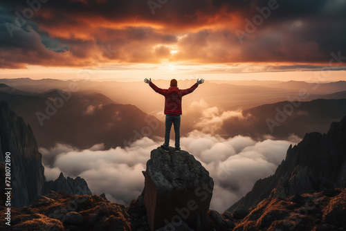 Embracing the spirit of adventure. A traveler stands on a rocky peak amidst clouds, arms outstretched, facing a dramatic sunset or sunrise