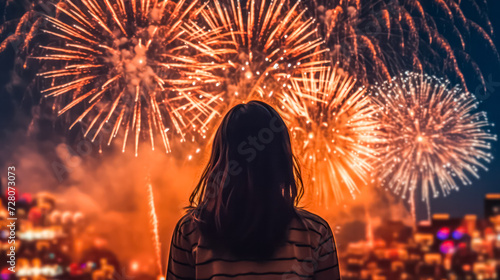 Capture the awe of Asian female tourists as they gaze at fireworks, offering a captivating rear view. A visual celebration of joy and travel experiences.