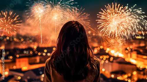 Capture the awe of Asian female tourists as they gaze at fireworks, offering a captivating rear view. A visual celebration of joy and travel experiences.