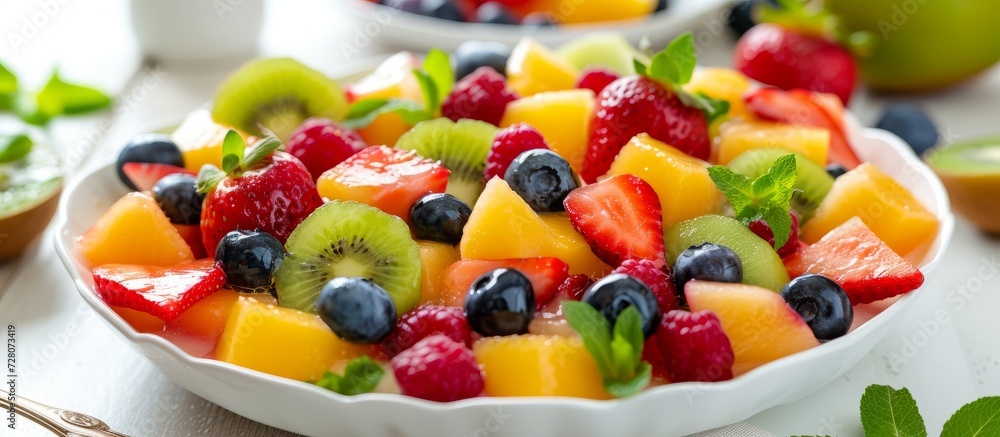 Refreshing and Healthy Fruit Salad: A Desirable Dessert in a Delightful White Dish Refreshing and Healthy Fruit Salad: A Desirable Dessert in a Delightful White Dish