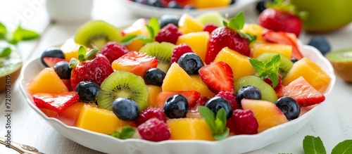 Refreshing and Healthy Fruit Salad: A Desirable Dessert in a Delightful White Dish