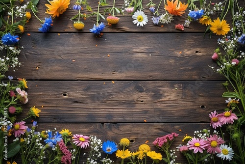 Wildflower Elegance: Vintage Wooden Table Flat Lay

